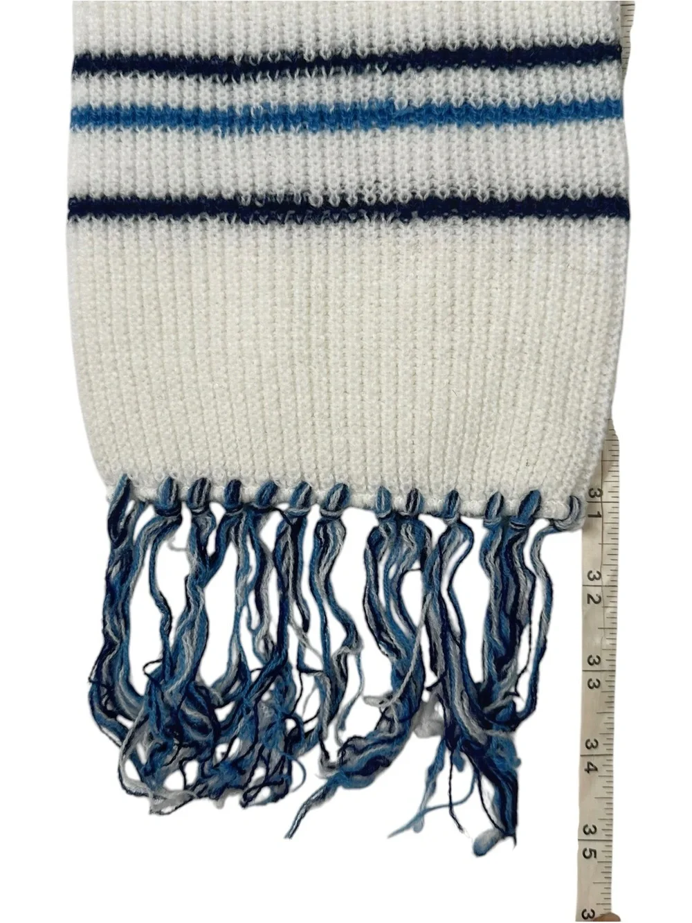 Vintage 60s 70s Blue White Knit Fringed Winter Kids Scarf